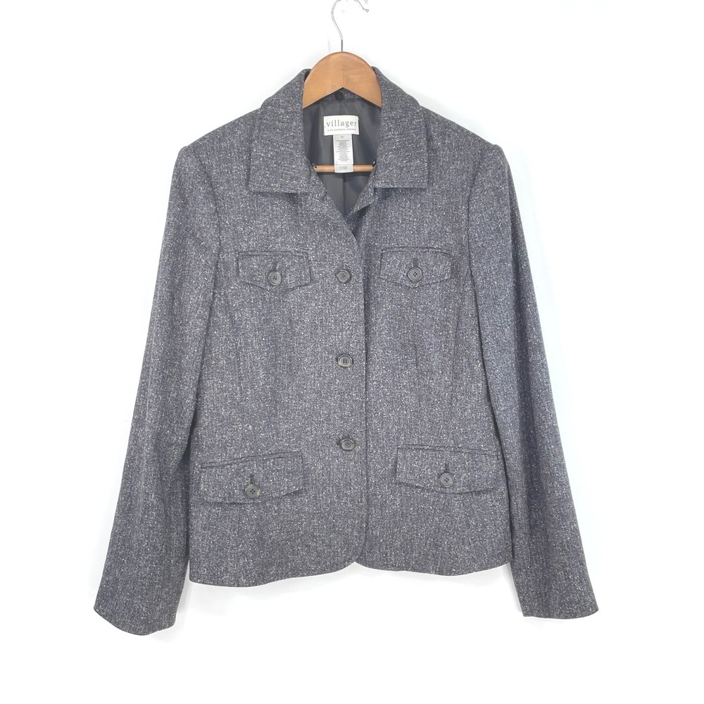 Villager Womens Blazer 12 Jacket Gray Tweed Button‎ Front Pockets Utilitarian